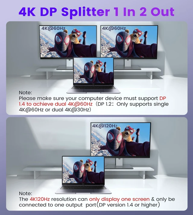Alt view image 5 of 5 - Display Port Splitter for Dual Monitors, Extended Display for Windows, Dual 4K@60Hz Displayport Splitter 1 in 2 Out, Single 4K@120Hz, DP 1.4 MST Hub Compatible with PC, Laptop, Graphics Card