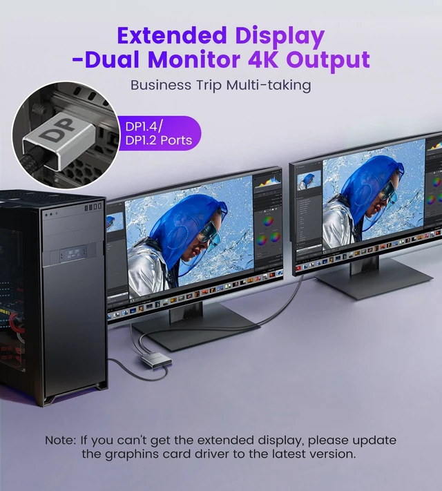 Alt view image 4 of 5 - Display Port Splitter for Dual Monitors, Extended Display for Windows, Dual 4K@60Hz Displayport Splitter 1 in 2 Out, Single 4K@120Hz, DP 1.4 MST Hub Compatible with PC, Laptop, Graphics Card