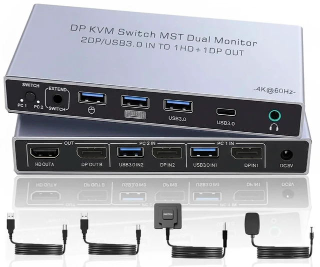 Main image of Dual Monitor Displayport KVM Switch 2 Monitors 2 Computers 4K 60Hz HDMI+DP 4 USB3.0 KVM Switcher 2DP in HDMI+DisplayPort Output KVM Switcher for 2 PC Sharing Keyboard Mouse Mic and Audio Output (Gray)