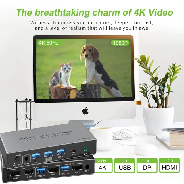 Alt view image 2 of 5 - Dual Monitor Displayport KVM Switch 2 Monitors 2 Computers 4K 60Hz HDMI+DP 4 USB3.0 KVM Switcher 2DP in HDMI+DisplayPort Output KVM Switcher for 2 PC Sharing Keyboard Mouse Mic and Audio Output (Gray)