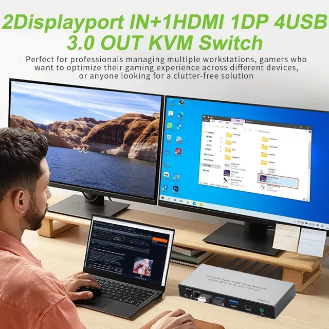 Alt view image 4 of 5 - Dual Monitor Displayport KVM Switch 2 Monitors 2 Computers 4K 60Hz HDMI+DP 4 USB3.0 KVM Switcher 2DP in HDMI+DisplayPort Output KVM Switcher for 2 PC Sharing Keyboard Mouse Mic and Audio Output (Gray)