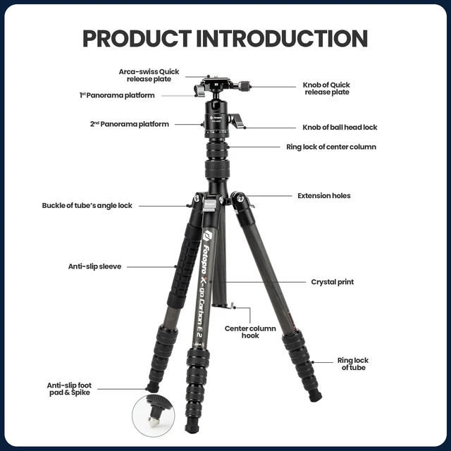 Alt view image 5 of 5 - Fotopro 60" Carbon Fiber Camera Tripod for Travel, 62" Detachable Monopod