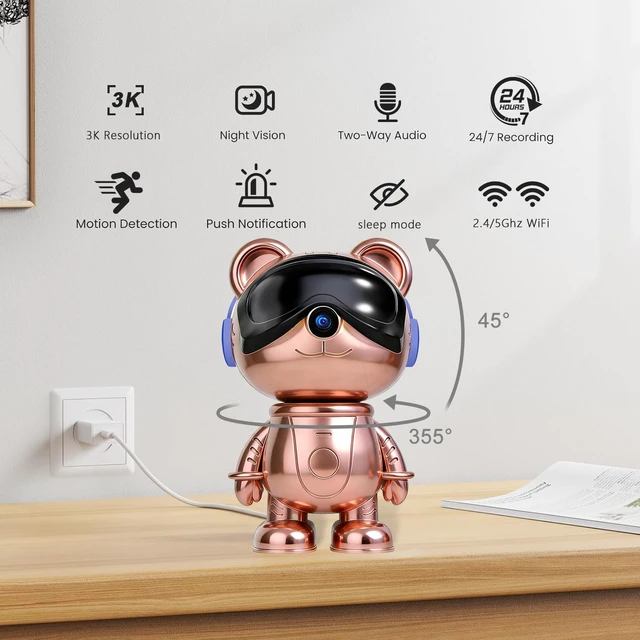Alt view image 2 of 5 - 3K Indoor Security Camera Robot, Rose Gold Bear Baby Monitor and Pet Camera