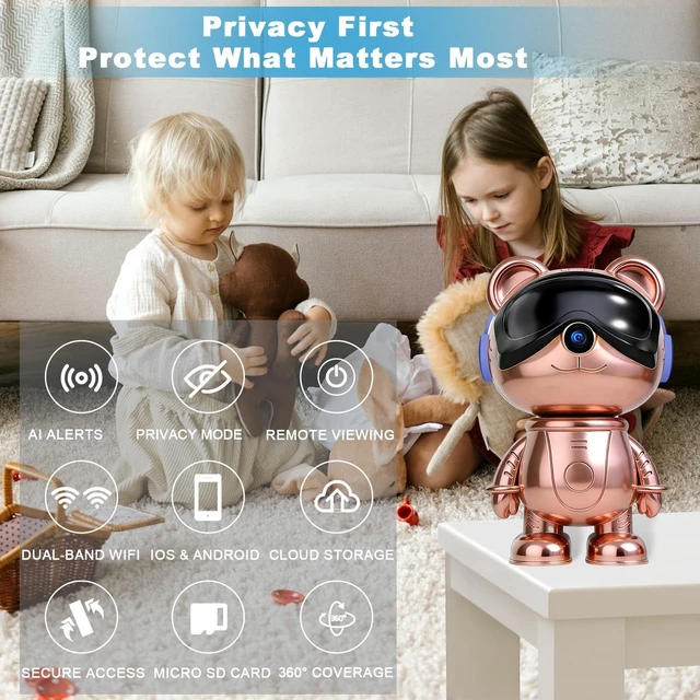 Alt view image 3 of 5 - 3K Indoor Security Camera Robot, Rose Gold Bear Baby Monitor and Pet Camera