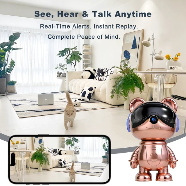 Alt view image 5 of 5 - 3K Indoor Security Camera Robot, Rose Gold Bear Baby Monitor and Pet Camera