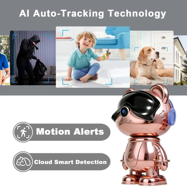 Alt view image 4 of 5 - 3K Indoor Security Camera Robot, Rose Gold Bear Baby Monitor and Pet Camera