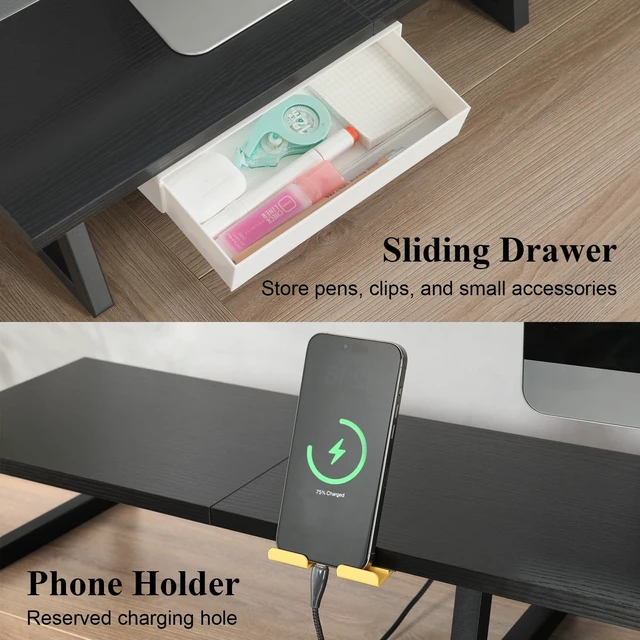 Alt view image 3 of 5 - TEAMIX 42 inch Dual Monitor Stand with Storage Drawer & Phone Holder, Black