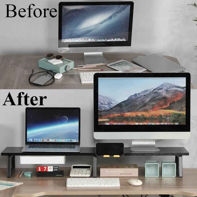 Alt view image 5 of 5 - TEAMIX 42 inch Dual Monitor Stand with Storage Drawer & Phone Holder, Black