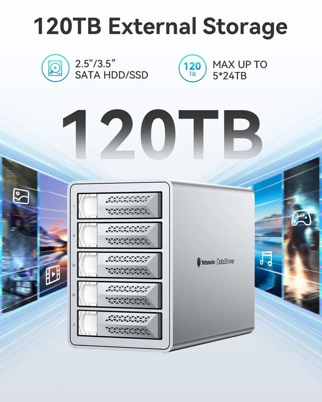 Alt view image 2 of 5 - Yottamaster 5 Bay Hard Drive Enclosure USB C, 10Gbps Daisy-Chain 5 Bay DAS, Aluminum USB C DAS Enclosure Support 120TB (5x24TB), Max Up to 360TB for 2.5" & 3.5" SATA HDD/SSD (Diskless) VN500C3