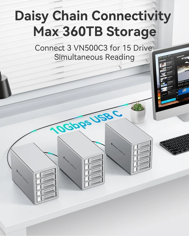 Alt view image 3 of 5 - Yottamaster 5 Bay Hard Drive Enclosure USB C, 10Gbps Daisy-Chain 5 Bay DAS, Aluminum USB C DAS Enclosure Support 120TB (5x24TB), Max Up to 360TB for 2.5" & 3.5" SATA HDD/SSD (Diskless) VN500C3