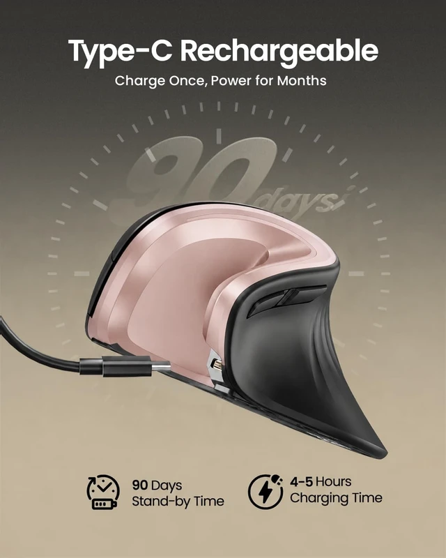 Alt view image 4 of 5 - ProtoArc EM11 NL Wireless Ergonomic Mouse, Rechargeable, Black Pink