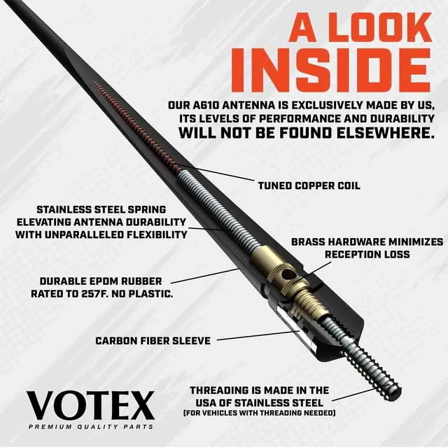 Alt view image 2 of 5 - Votex - 13 3/4 Inch Rubber Antenna fits Ford F-150 ^^ F-250 ^^ F-350 ^^ F-450 ^^ F-550 ^^ Bronco Accessories - USA Stainless Steel Threading - Black Carbon Fiber Trim - Tuned Internal Copper Coil