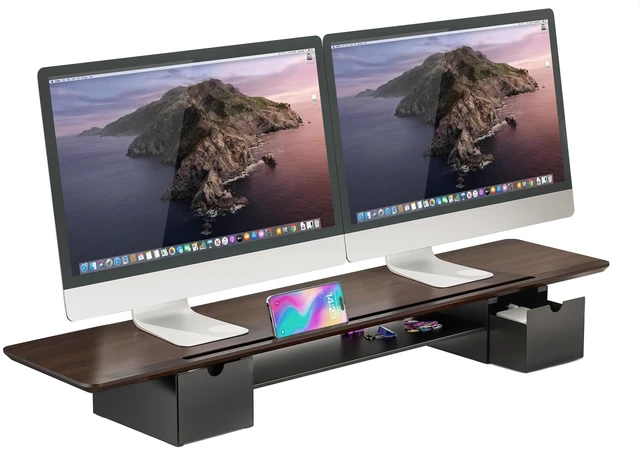Main image of Mount-It! Extra Wide 39" Dual Monitor Stand Riser with 2 Drawers, Holds 66 lbs, Real Wood Platform, Built-In Device Slot, Removable Shelf, Home Office Desk Organizer