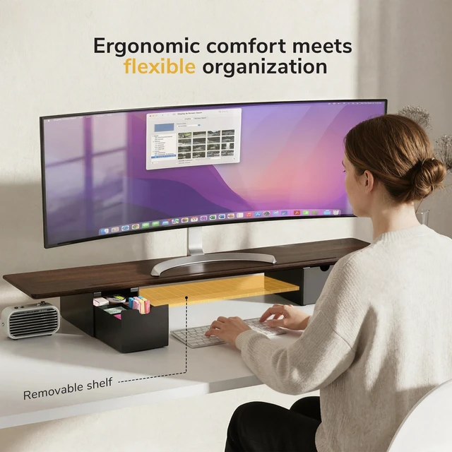 Alt view image 2 of 5 - Mount-It! Extra Wide 39" Dual Monitor Stand Riser with 2 Drawers, Holds 66 lbs, Real Wood Platform, Built-In Device Slot, Removable Shelf, Home Office Desk Organizer