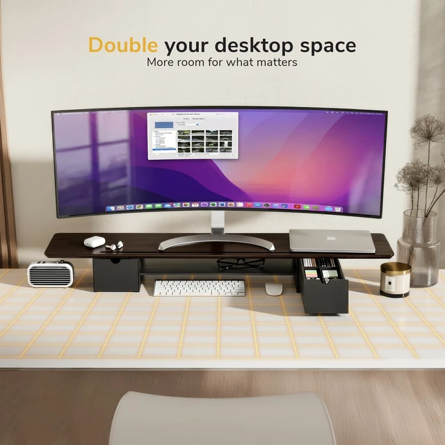Alt view image 3 of 5 - Mount-It! Extra Wide 39" Dual Monitor Stand Riser with 2 Drawers, Holds 66 lbs, Real Wood Platform, Built-In Device Slot, Removable Shelf, Home Office Desk Organizer