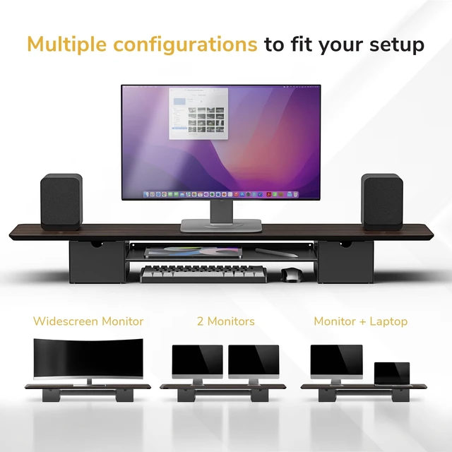 Alt view image 4 of 5 - Mount-It! Extra Wide 39" Dual Monitor Stand Riser with 2 Drawers, Holds 66 lbs, Real Wood Platform, Built-In Device Slot, Removable Shelf, Home Office Desk Organizer