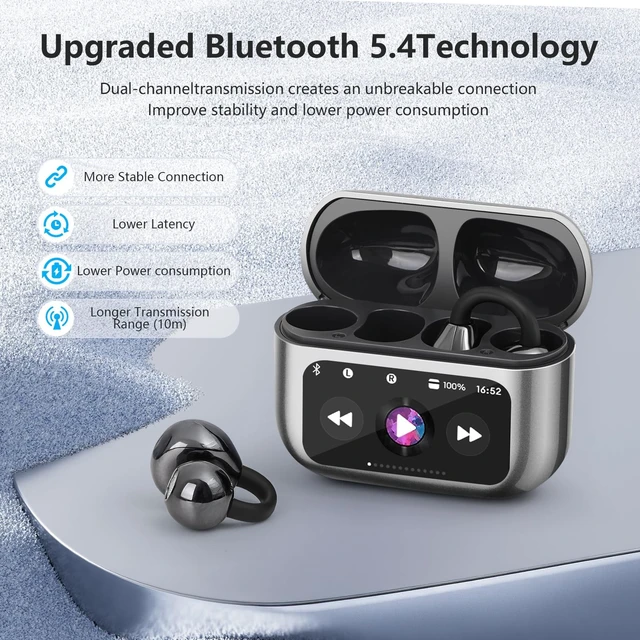 Alt view image 3 of 5 - Ultra Open Ear Earbuds,Clip On Headphones with Digital Display Charging Case Bluetooth 5.4 Wireless Lightweight Comfort Bone Conduction earphones IPX7 Waterproof Sport Earphones for Running Fit