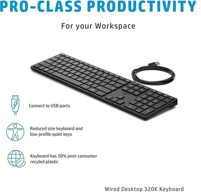 Alt view image 3 of 5 - Bulk Lot of 2 HP Wired Desktop 320K Keyboards Durable, Ergonomic Design ^^ Perfect for Offices, Schools & Enterprises (Pack of 2)