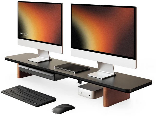 Main image of Fenge 42.5" Dual Monitor Stand with Storage Drawer & Solid Wood Legs, Black