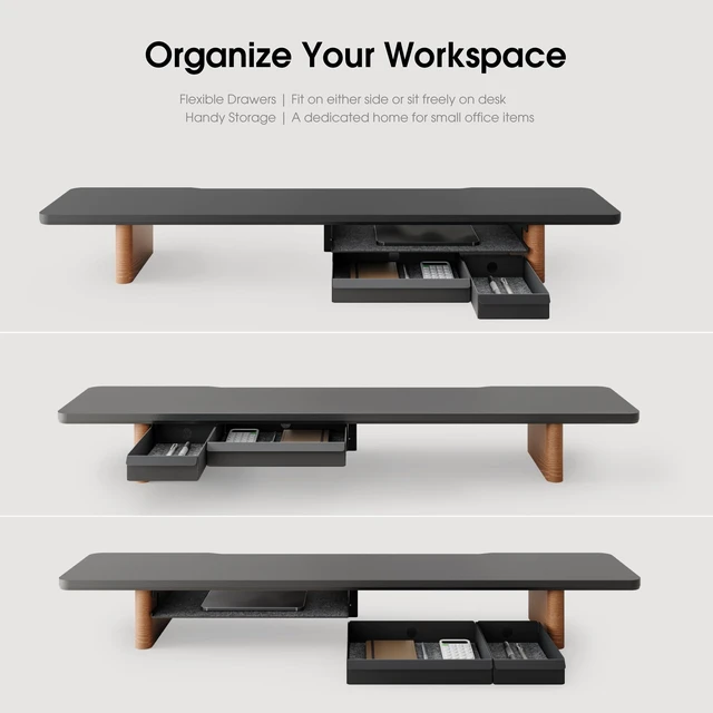 Alt view image 5 of 5 - Fenge 42.5" Dual Monitor Stand with Storage Drawer & Solid Wood Legs, Black