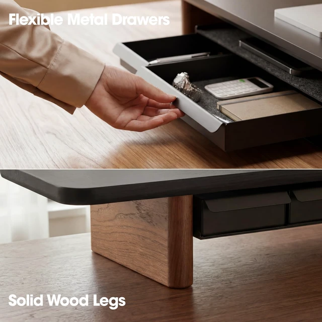 Alt view image 4 of 5 - Fenge 42.5" Dual Monitor Stand with Storage Drawer & Solid Wood Legs, Black