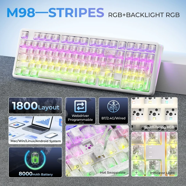 Alt view image 2 of 5 - XVX M98 8000mAh Wireless Creamy Keyboard with Number Pad, Stripes RGB