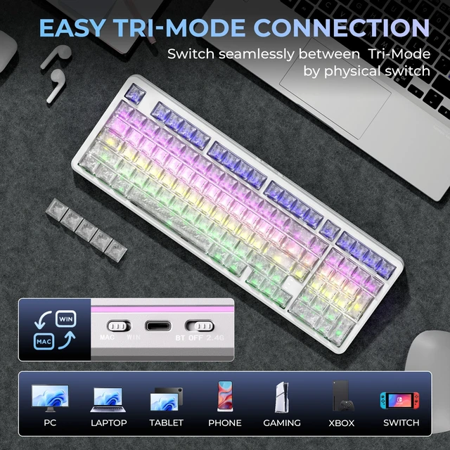 Alt view image 3 of 5 - XVX M98 8000mAh Wireless Creamy Keyboard with Number Pad, Stripes RGB