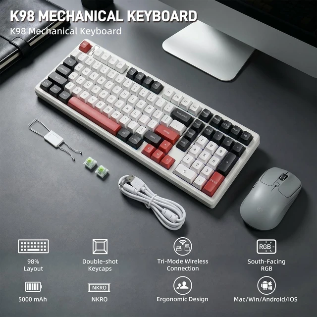 Alt view image 2 of 5 - MMViCTY K98 Wireless Mechanical Keyboard, 98Key PreLubed HotSwappable TriMode(BT5.0/2.4G/USBC), Gasket Mount, 10000mAh Battery, RGB Backlit, PBT SidePrinted Keycaps for Gaming & Office