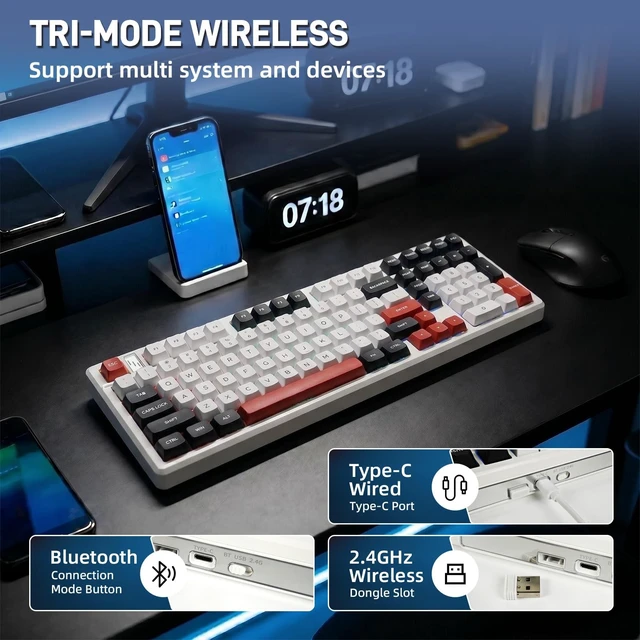 Alt view image 4 of 5 - MMViCTY K98 Wireless Mechanical Keyboard, 98Key PreLubed HotSwappable TriMode(BT5.0/2.4G/USBC), Gasket Mount, 10000mAh Battery, RGB Backlit, PBT SidePrinted Keycaps for Gaming & Office