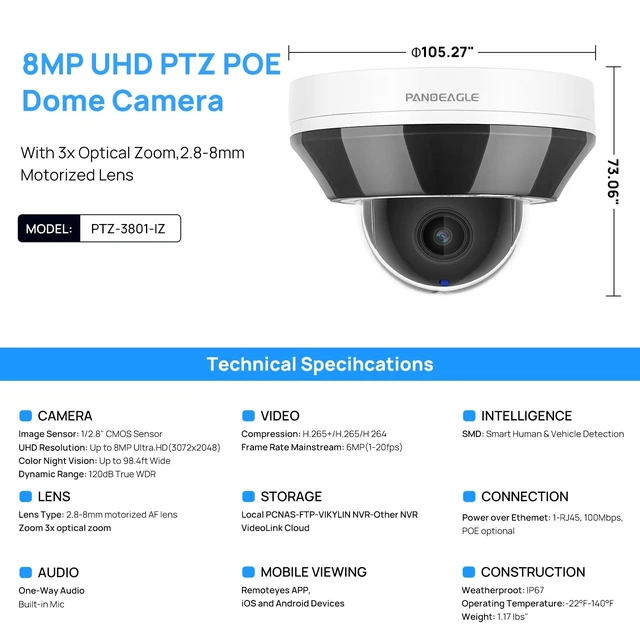 Alt view image 2 of 5 - PANOEAGLE 4K 8MP 3X Optical Zoom PTZ Camera Outdoor