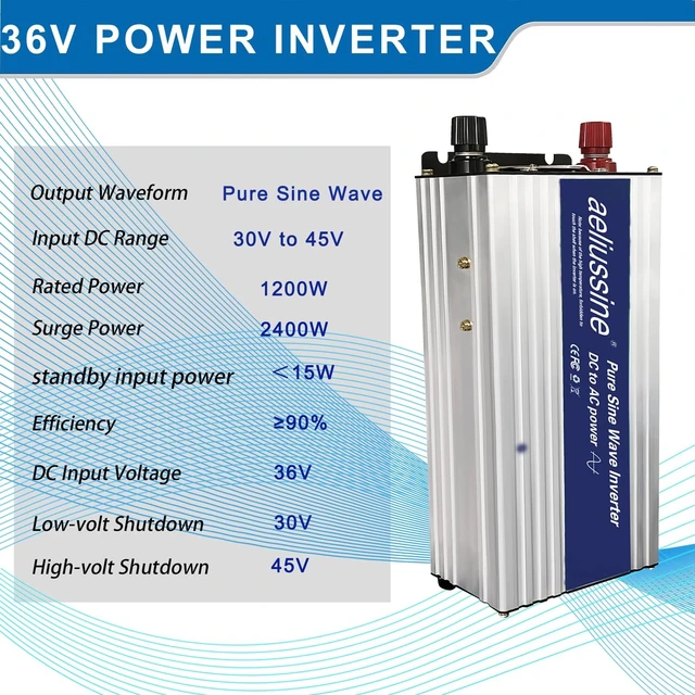Alt view image 4 of 5 - Aeliussine 1200W Pure Sine Wave Inverter-36V DC to 110V 120V AC Power Converter with 2 AC Outlets, 36 Volt Power Inverter for Truck, Rv, Camping, Home, Emergency Power