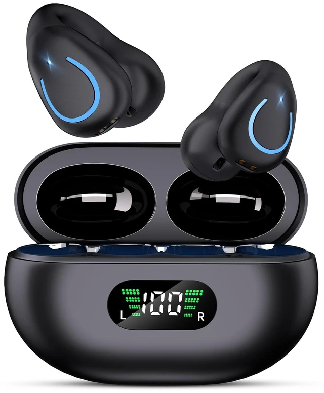 Main image of BUABMEQ Comfort Clip On Earbuds, Bluetooth 6.1 Open Ear Bone Conduction Headphones, with Digital Display Charging Case Sport Earphones Built-in Mic Waterproof for Running Fitness Exercise, Inky Black