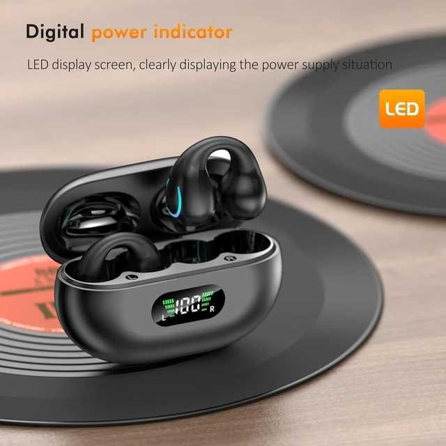 Alt view image 5 of 5 - BUABMEQ Comfort Clip On Earbuds, Bluetooth 6.1 Open Ear Bone Conduction Headphones, with Digital Display Charging Case Sport Earphones Built-in Mic Waterproof for Running Fitness Exercise, Inky Black