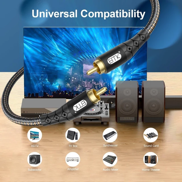 Alt view image 2 of 5 - EMK RCA to RCA Subwoofer Cable 24K Gold-Plated Connector Nylon Braided Double Shielded Audio Cable Digital&Analog Signal Support for Amplifiers Subwoofer Home Theater Hi-Fi Systems Black/30ft/10m
