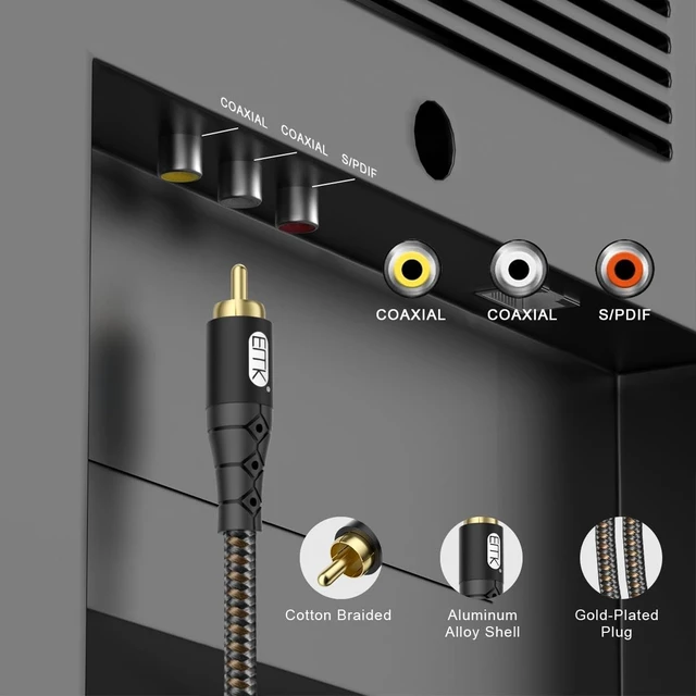 Alt view image 3 of 5 - EMK RCA to RCA Subwoofer Cable 24K Gold-Plated Connector Nylon Braided Double Shielded Audio Cable Digital&Analog Signal Support for Amplifiers Subwoofer Home Theater Hi-Fi Systems Black/30ft/10m