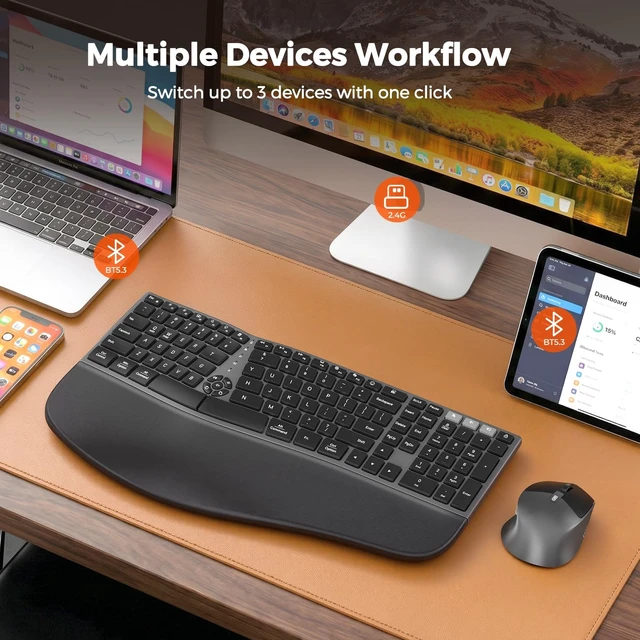 Alt view image 4 of 5 - MEETION Ergonomic Keyboard and Mouse, Split Curved 2.4G/Bluetooth Keyboard