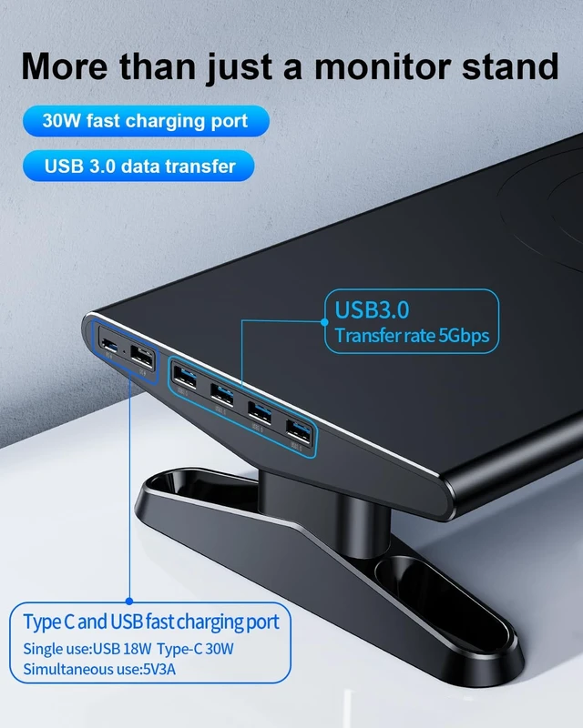 Alt view image 3 of 5 - Computer Monitor Stand Riser for Desk with Usb Hub Charging,30W/5Gbps Usb C Docking Station with Power,4.4-5.7''Freely Height Adjustable with Phone Stand,Monitor Stands Riser for PC,Laptop,Printer,TV