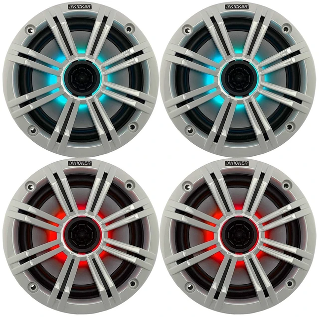 Main image of 2- Pair (4-Speakers) Multi Color LED Lights Kicker 6.5" 195W Marine Audio Coaxial Stereo White Grills