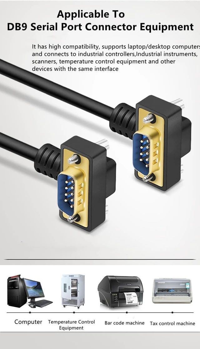Alt view image 4 of 5 - Aoikknuw 16.4ft DB9 9Pin RS232 Serial Extension Cable, Male to Female 90 Degree Right Angle COM Port Gold Plated Connector for PC, Printer, Industrial Equipment 5 Meters