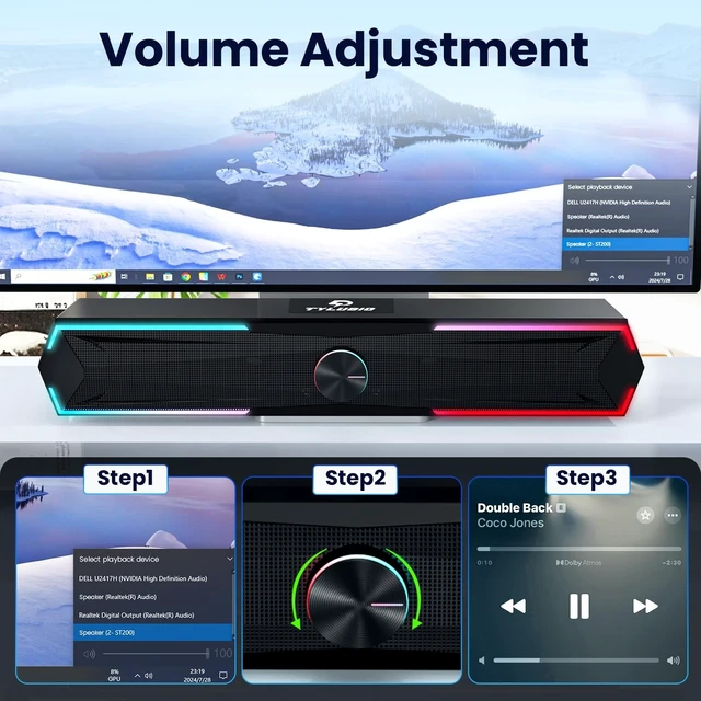 Alt view image 2 of 5 - Tylubio Computer Speakers for PC Desktop, Flowing LED Under-Monitor Soundbar with Clear Stereo Sound, Bluetooth & USB 2-in-1 Audio Input, PC Speaker for Monitor Laptop, Black