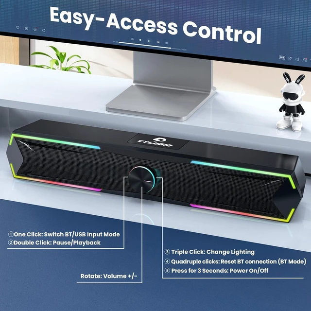 Alt view image 5 of 5 - Tylubio Computer Speakers for PC Desktop, Flowing LED Under-Monitor Soundbar with Clear Stereo Sound, Bluetooth & USB 2-in-1 Audio Input, PC Speaker for Monitor Laptop, Black