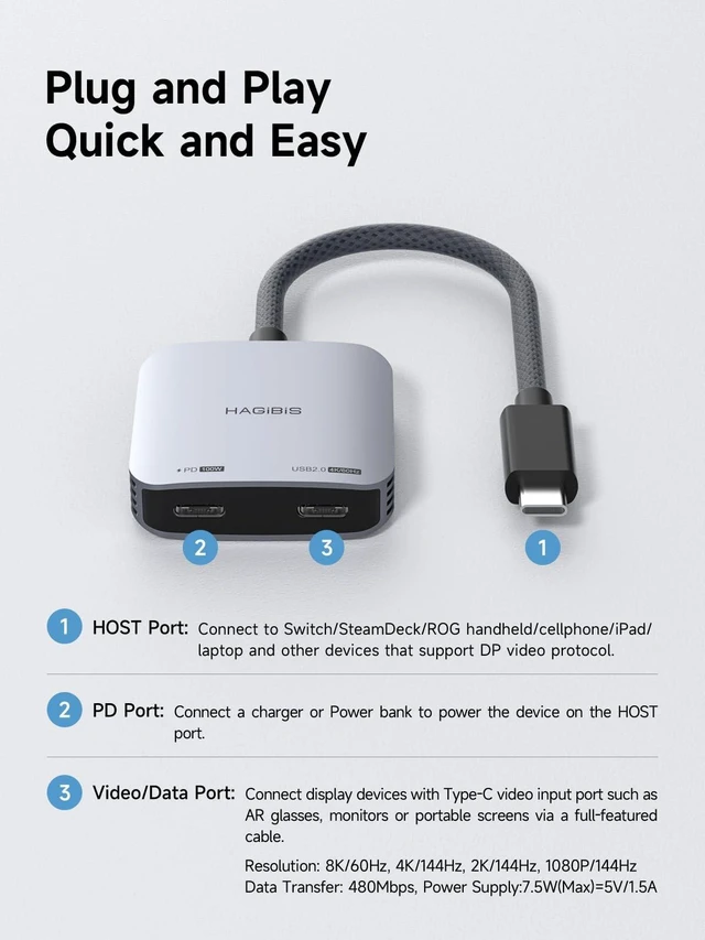 Alt view image 2 of 5 - Hagibis AR Glasses Adapter, 4K@60Hz USB C to Glasses and Charging Converter, 100W PD Power and Play Adapter for XREAL, Viture, Rokid, Steam Deck, ROG Ally, Switch 1 2, iPhone 17 16 15 Pro Max