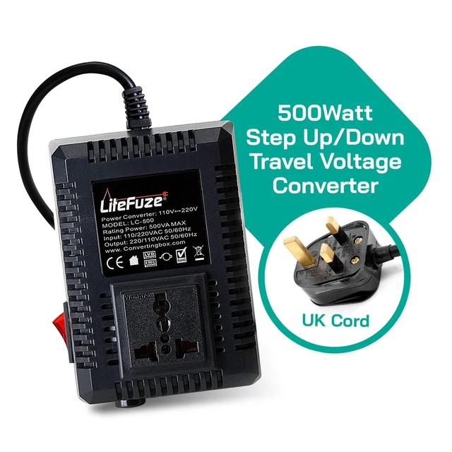 Alt view image 2 of 5 - LiteFuze 500 Watt Step Up/Step Down Travel Voltage Converter, 220/110v to 110/220v Converter with Type G Plug Compatible with Hair Straightener, Camera, Laptop & More
