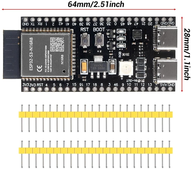 Alt view image 2 of 5 - 5PCS ESP32-S3-devkitc-1-N16R8 Development Board,ESP32-S3 with WiFi and Bluetooth 5.0, Dual-Core 240MHz MCU, Compatible with Arduino IDE and MicroPython