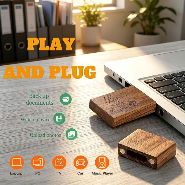 Alt view image 4 of 5 - TATMOHIK Wood USB Flash Drive 64GB USB3.0 Wedding Flash Drive with Tiny Box