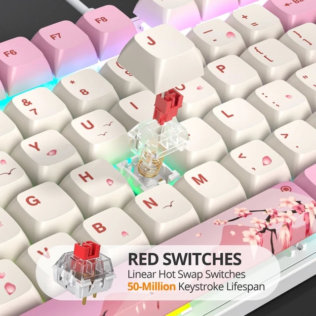 Alt view image 2 of 5 - surmen Full Size Pink Keyboard with Number Pad, 104 Keys RGB Wired Mechanical Gaming Keyboard Backlit with PBT Keycaps Linear Red Switch for Laptop Desktop PC Gamers104 Ying