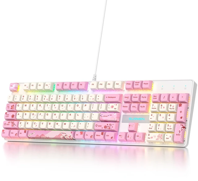 Main image of surmen Full Size Pink Keyboard with Number Pad, 104 Keys RGB Wired Mechanical Gaming Keyboard Backlit with PBT Keycaps Linear Red Switch for Laptop Desktop PC Gamers104 Ying