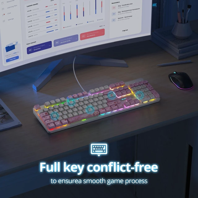 Alt view image 5 of 5 - surmen Full Size Pink Keyboard with Number Pad, 104 Keys RGB Wired Mechanical Gaming Keyboard Backlit with PBT Keycaps Linear Red Switch for Laptop Desktop PC Gamers104 Ying