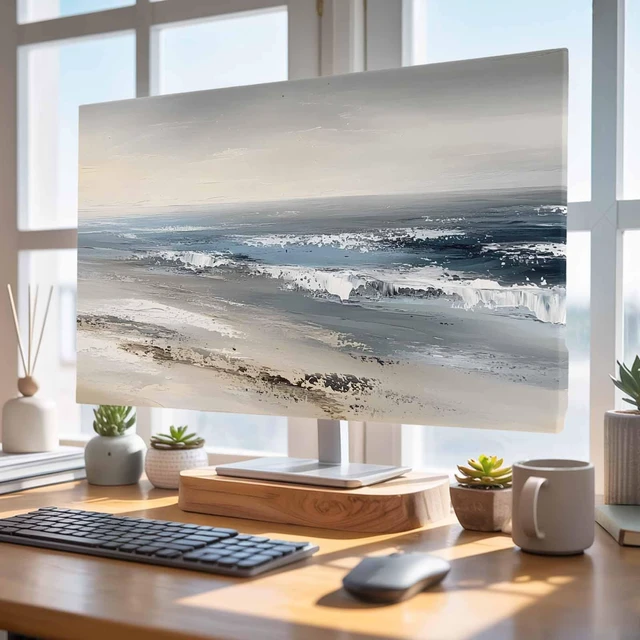 Alt view image 4 of 5 - Vintage Oil Painting TV Cover Indoor Elastic TVs Screen Protector, Beach Ocean Farmhouse Ombre Art Monitor Covers Inside Dust Proof Slipcover, 55 Inch TV Cover for Flat or Curved TVs