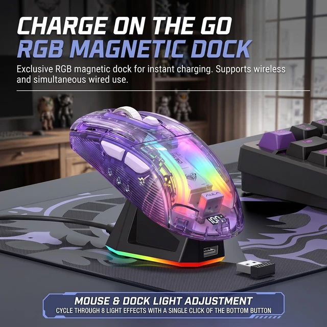 Alt view image 3 of 5 - Attoe Cute Transparent Mouse, Tri-Mode Wireless, RGB Charging Dock, Purple